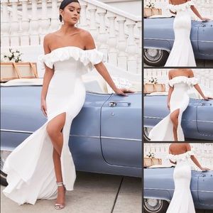 White ruffle off shoulder gown